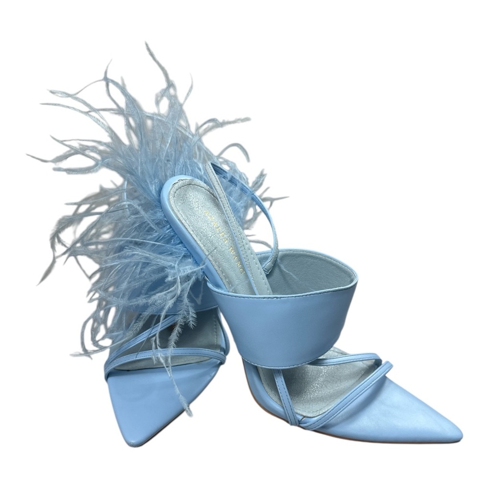 Azalea Wang Chick Feather Decor Pointed Toe Sandal Heel Light Blue Womens Size 9 - Picture 5 of 8